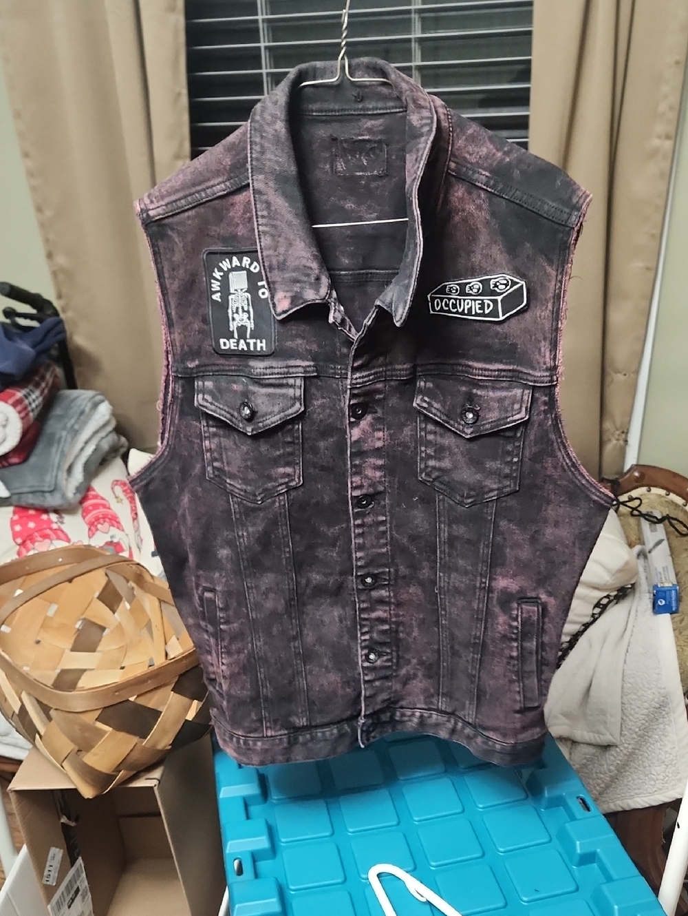 Distressed Black/Burgundy Denim Vest with Patch Details